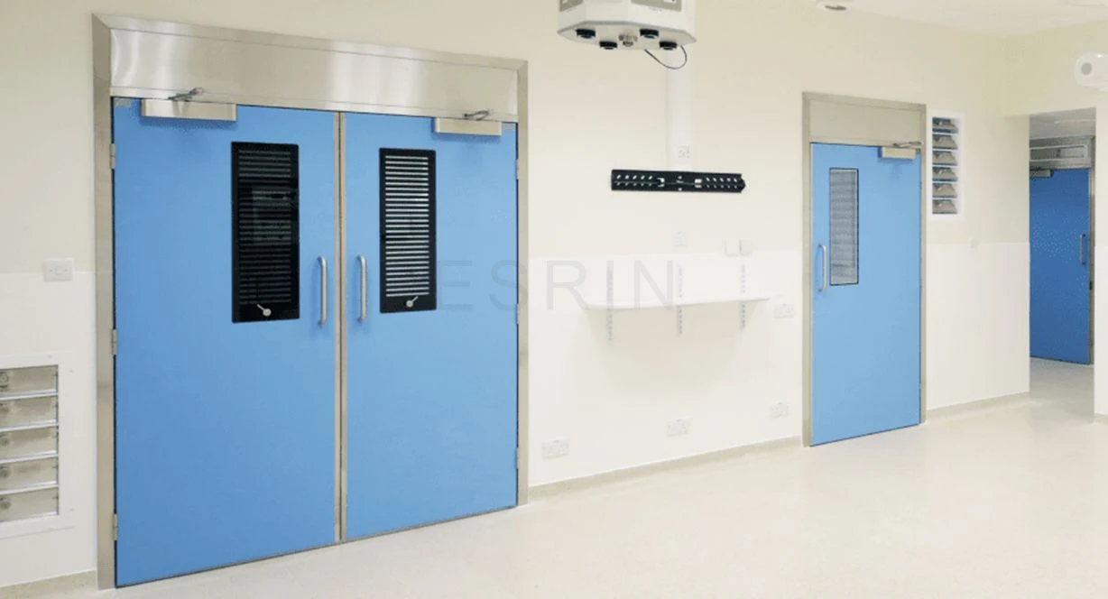 Blue hinged cleanroom door